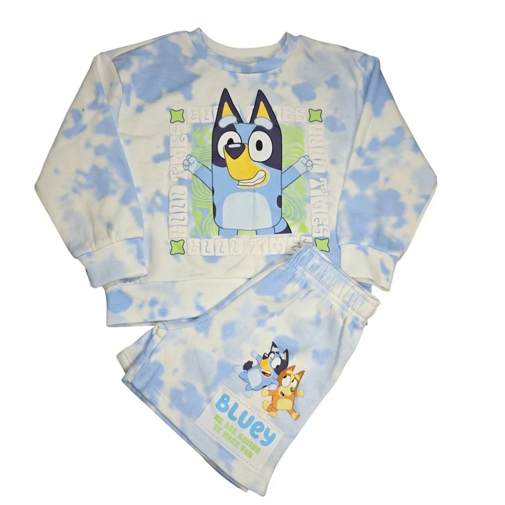 Bluey Bingo Kids Tie Dye Sweatshirt and Shorts 2 Piece Set Blue White Graphic 4T